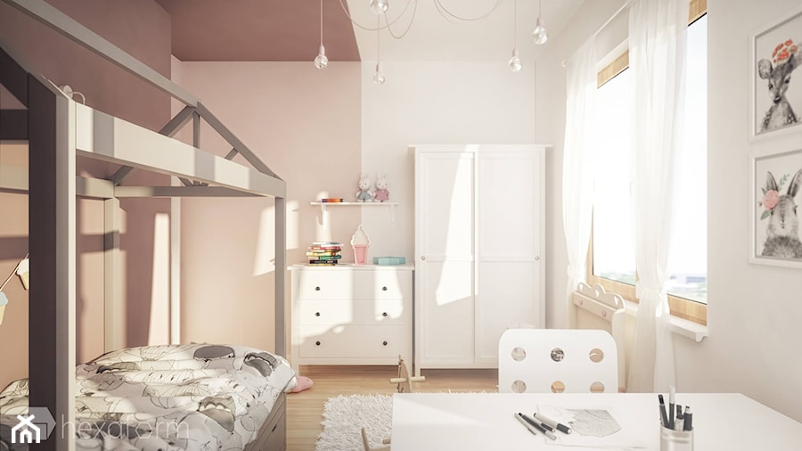 Projekt wnętrza domu. - Średni różowy pokój dziecka dla dziecka dla nastolatka dla chłopca dla dziewczynki, styl skandynawski - zdjęcie od hexaform - projektowanie wnętrz