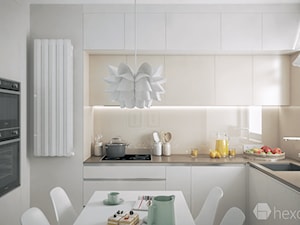 Projekt mieszkania 76m2. - Mała otwarta z zabudowaną lodówką z podblatowym zlewozmywakiem kuchnia w kształcie litery l, styl nowoczesny - zdjęcie od hexaform - projektowanie wnętrz