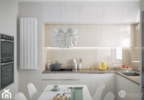 Projekt mieszkania 76m2. - Mała otwarta z zabudowaną lodówką z podblatowym zlewozmywakiem kuchnia w kształcie litery l, styl nowoczesny - zdjęcie od hexaform - projektowanie wnętrz