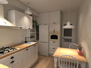 Kuchnia w bloku - Średnia zamknięta szara z zabudowaną lodówką z nablatowym zlewozmywakiem kuchnia w kształcie litery u, styl prowansalski - zdjęcie od DECOLOOK