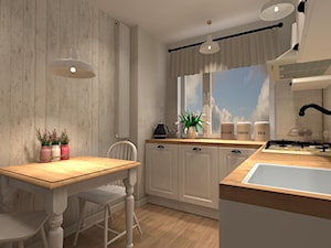 Kuchnia w bloku - Średnia zamknięta beżowa biała z zabudowaną lodówką z nablatowym zlewozmywakiem kuchnia w kształcie litery l z oknem, styl prowansalski - zdjęcie od DECOLOOK