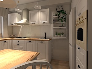 Kuchnia w bloku - Średnia otwarta biała z zabudowaną lodówką z lodówką wolnostojącą z podblatowym zlewozmywakiem kuchnia w kształcie litery u z oknem, styl prowansalski - zdjęcie od DECOLOOK