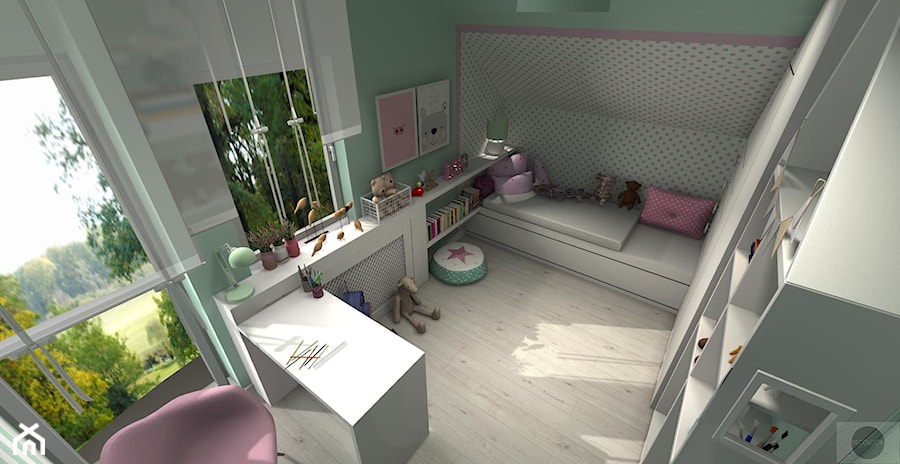 Pokój dziewczynki - Średni szary zielony pokój dziecka dla dziecka dla nastolatka dla dziewczynki, styl skandynawski - zdjęcie od DECOLOOK