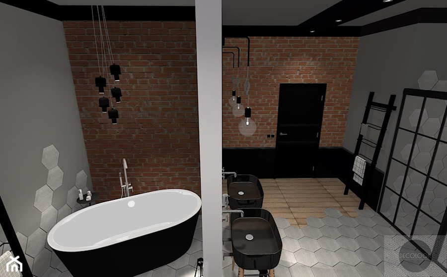 Łazienka soft - loft - Duża jako pokój kąpielowy z dwoma umywalkami z punktowym oświetleniem łazienka, styl industrialny - zdjęcie od DECOLOOK
