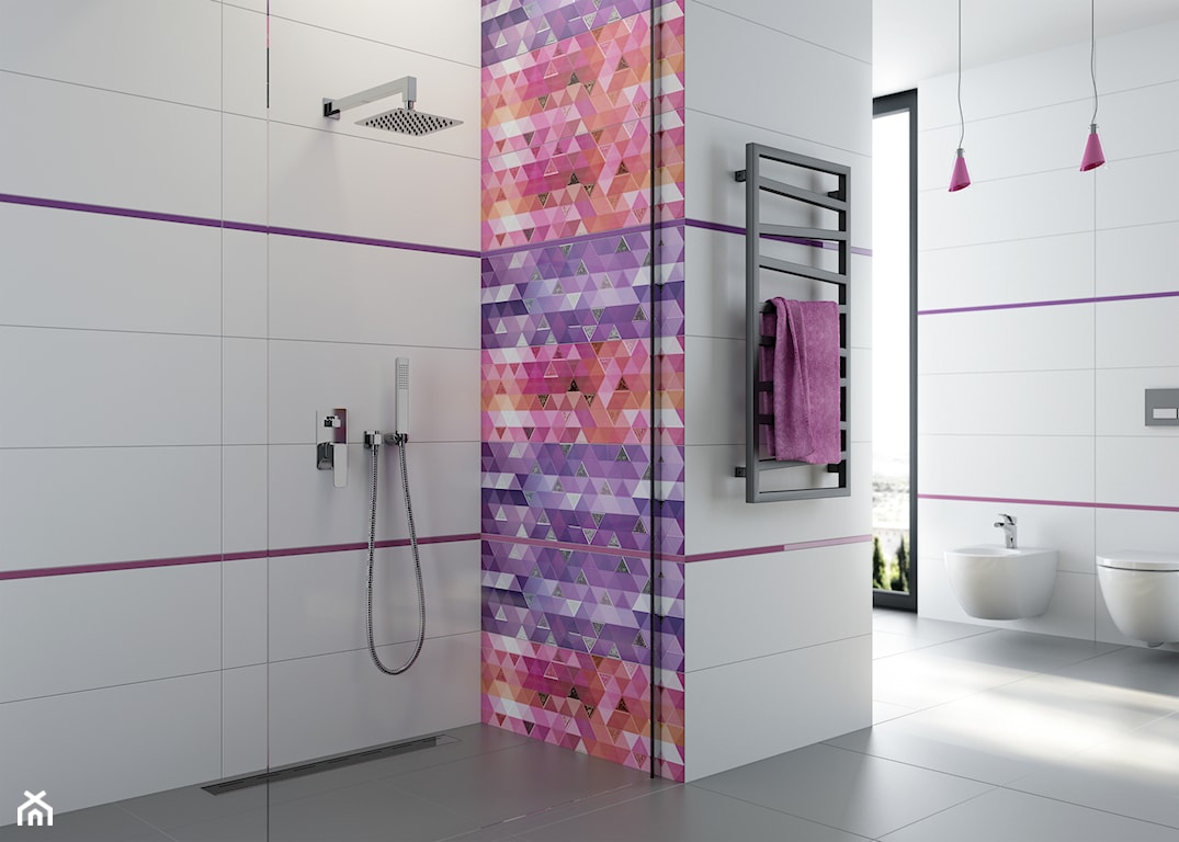 kolorowa mozaika w łazience, kolorowa łazienka, kolory w łazience, kolorowe tekstylia w łazience