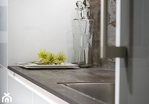 RAUVISIO crystal - Średnia z salonem z lodówką wolnostojącą z podblatowym zlewozmywakiem kuchnia jednorzędowa, styl industrialny - zdjęcie od REHAU