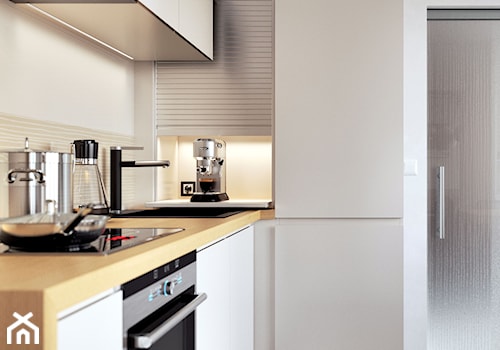 RAUVOLET - Mała otwarta biała z zabudowaną lodówką z lodówką wolnostojącą z nablatowym zlewozmywakiem kuchnia w kształcie litery l z oknem, styl nowoczesny - zdjęcie od REHAU
