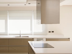 RAUVISIO brilliant - Mała otwarta z salonem z kamiennym blatem biała z zabudowaną lodówką kuchnia w kształcie litery g z wyspą lub półwyspem z oknem, styl nowoczesny - zdjęcie od REHAU