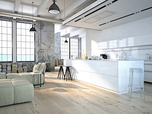 Kuchnia - Duża otwarta z salonem z kamiennym blatem biała szara z zabudowaną lodówką z lodówką wolnostojącą kuchnia dwurzędowa z oknem, styl industrialny - zdjęcie od REHAU