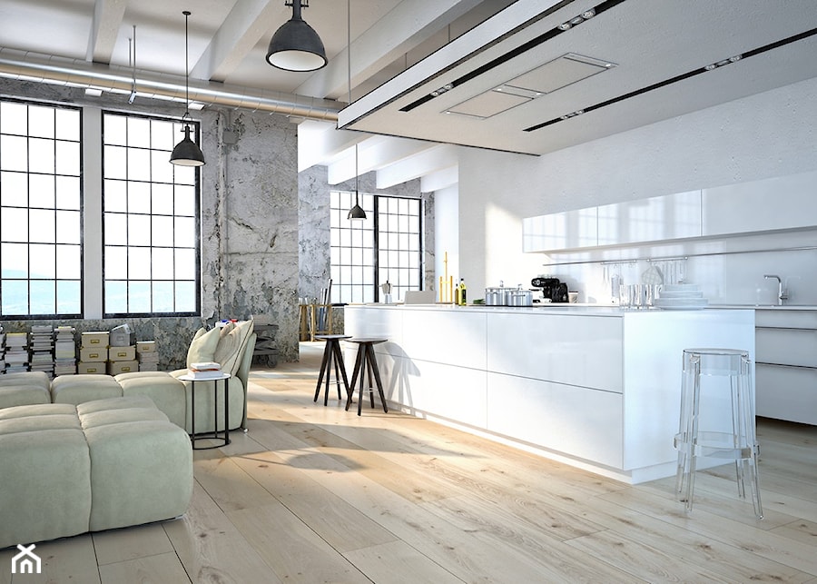 Kuchnia - Duża otwarta z salonem z kamiennym blatem biała szara z zabudowaną lodówką z lodówką wolnostojącą kuchnia dwurzędowa z oknem, styl industrialny - zdjęcie od REHAU
