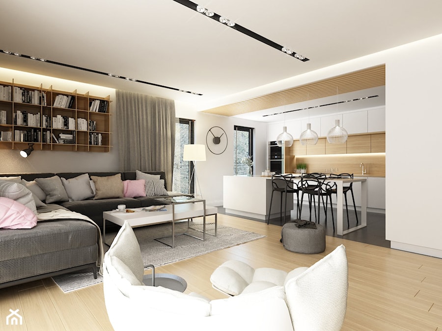 Mieszkanie Kraków | 50 m2 | 2022 - Średni biały salon z kuchnią z jadalnią, styl nowoczesny - zdjęcie od CUSTOM PLUS Pracownia projektowa