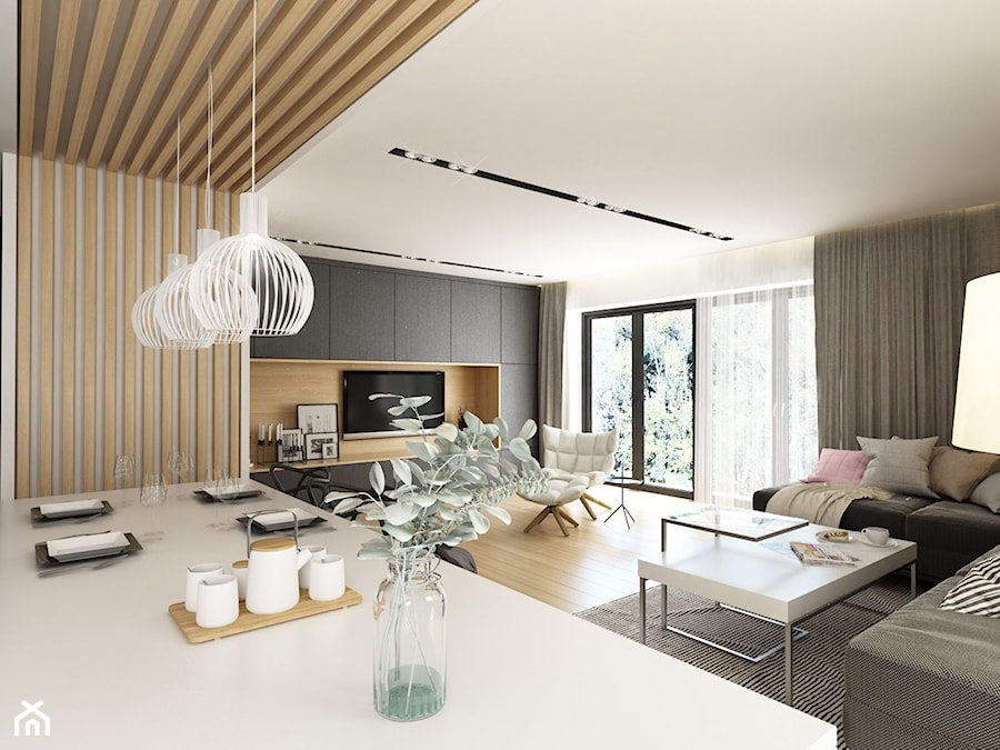 Mieszkanie Kraków | 50 m2 | 2022 - Duży biały czarny salon z jadalnią, styl nowoczesny - zdjęcie od CUSTOM PLUS Pracownia projektowa