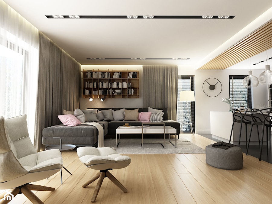 Mieszkanie Kraków | 50 m2 | 2022 - Duży biały salon z kuchnią z jadalnią, styl nowoczesny - zdjęcie od CUSTOM PLUS Pracownia projektowa
