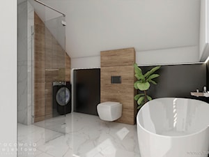 Mieszkanie w stylu nowoczesnym na poddaszu - Średnia na poddaszu z pralką / suszarką z marmurową podłogą łazienka z oknem, styl nowoczesny - zdjęcie od Pracownia Projektowa Wojciech Zieliński
