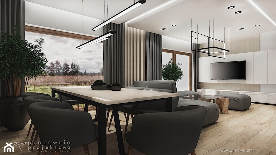 Projekt wnętrza nowoczesnego domu jednorodzinnego - Duży szary salon z jadalnią, styl nowoczesny - zdjęcie od Pracownia Projektowa Wojciech Zieliński
