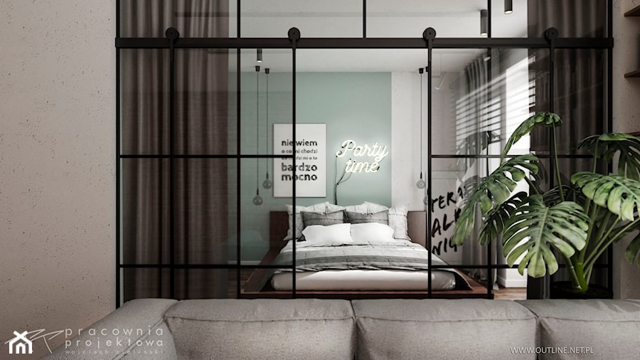 Mieszkanie w stylu industrialnym - Średnia szara zielona sypialnia, styl industrialny - zdjęcie od Pracownia Projektowa Wojciech Zieliński
