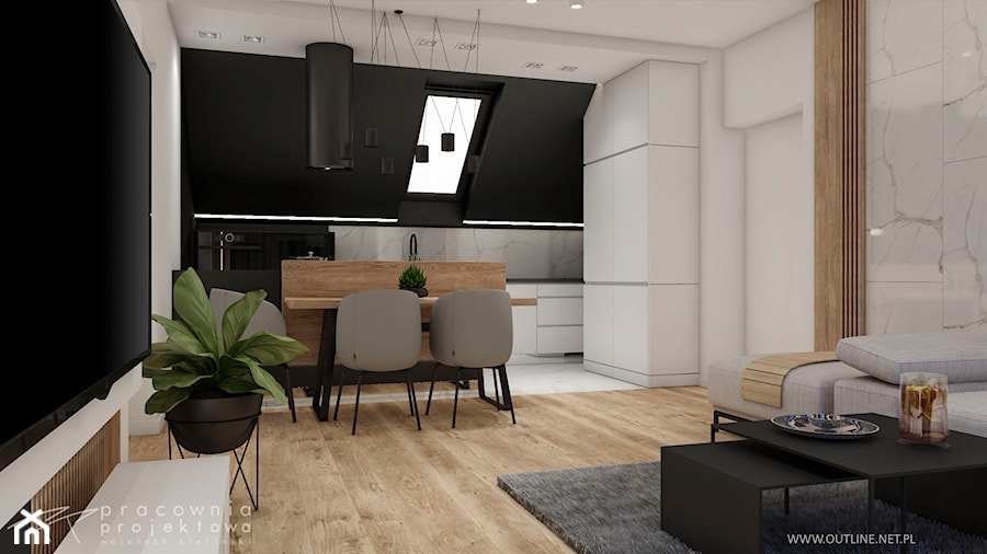 Mieszkanie w stylu nowoczesnym na poddaszu - Średnia otwarta z salonem biała czarna z zabudowaną lodówką kuchnia w kształcie litery g z oknem, styl nowoczesny - zdjęcie od Pracownia Projektowa Wojciech Zieliński