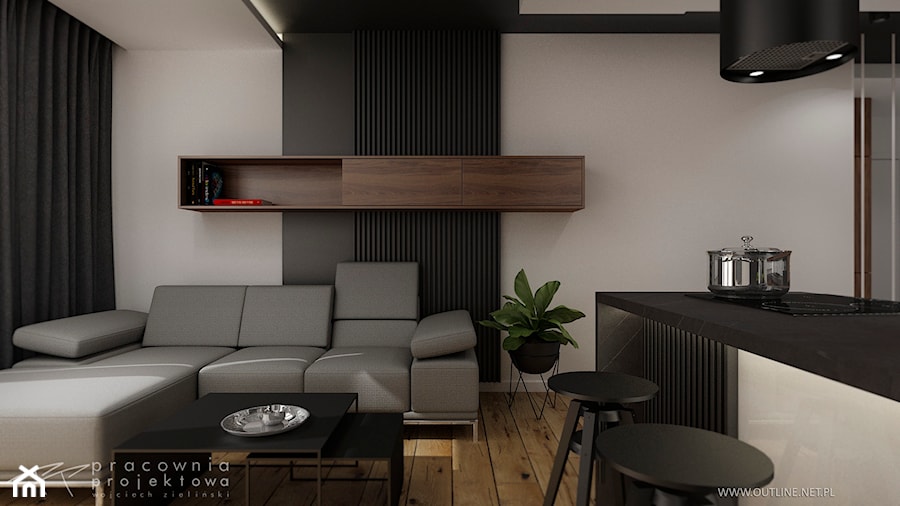 Męskie mieszkanie w ciemnych kolorach - Salon, styl nowoczesny - zdjęcie od Pracownia Projektowa Wojciech Zieliński
