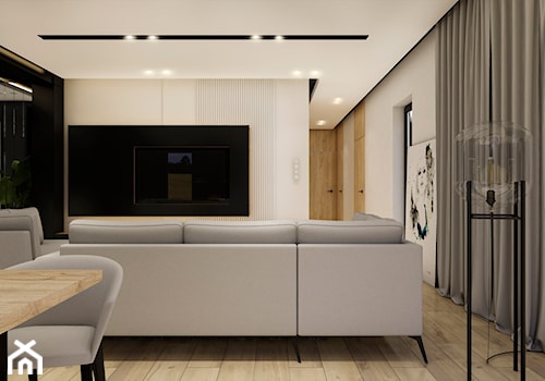 Mieszkanie na czarno - Średni biały salon z jadalnią, styl nowoczesny - zdjęcie od Pracownia Projektowa Wojciech Zieliński