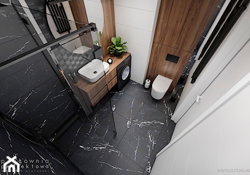 Męskie mieszkanie w ciemnych kolorach - Mała z pralką / suszarką z lustrem z marmurową podłogą łazienka, styl nowoczesny - zdjęcie od Pracownia Projektowa Wojciech Zieliński
