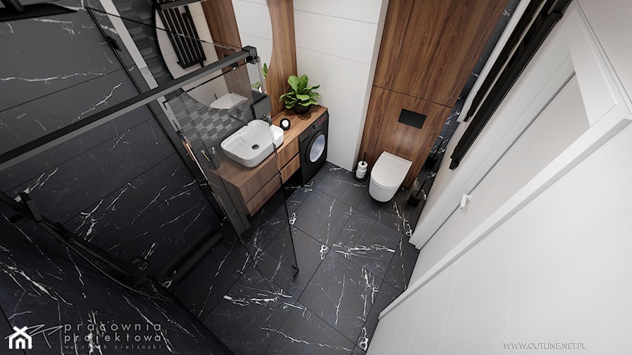Męskie mieszkanie w ciemnych kolorach - Mała z pralką / suszarką z lustrem z marmurową podłogą łazienka, styl nowoczesny - zdjęcie od Pracownia Projektowa Wojciech Zieliński