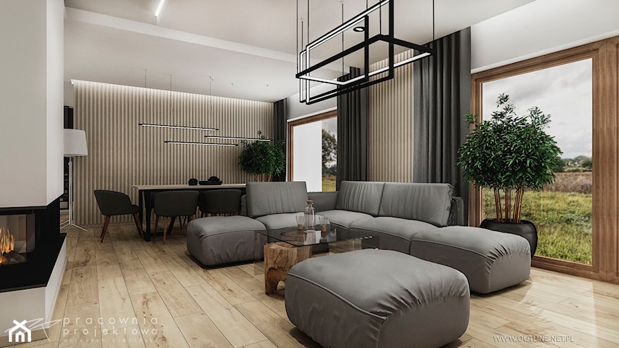 Projekt wnętrza nowoczesnego domu jednorodzinnego - Średni beżowy szary salon z jadalnią, styl nowoczesny - zdjęcie od Pracownia Projektowa Wojciech Zieliński