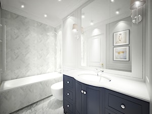 DWUPOZIOMOWE MIESZKANIE W STYLU HAMPTON – MOKOTÓW - Średnia bez okna z lustrem z marmurową podłogą z punktowym oświetleniem łazienka, styl nowoczesny - zdjęcie od MAAI Design