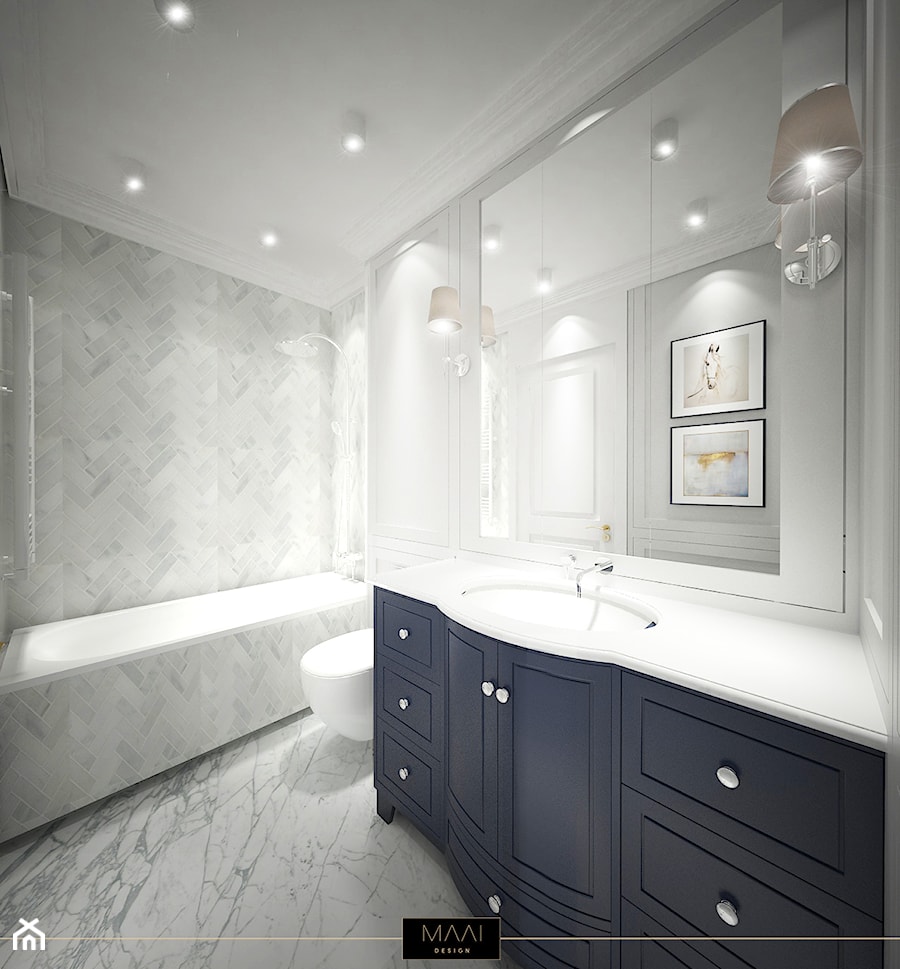 DWUPOZIOMOWE MIESZKANIE W STYLU HAMPTON – MOKOTÓW - Średnia bez okna z lustrem z marmurową podłogą z punktowym oświetleniem łazienka, styl nowoczesny - zdjęcie od MAAI Design