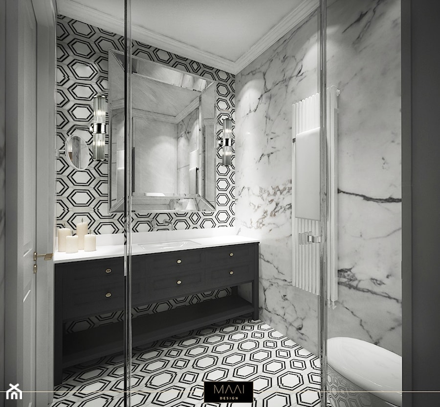 DWUPOZIOMOWE MIESZKANIE W STYLU HAMPTON – MOKOTÓW - Średnia z lustrem łazienka, styl nowoczesny - zdjęcie od MAAI Design