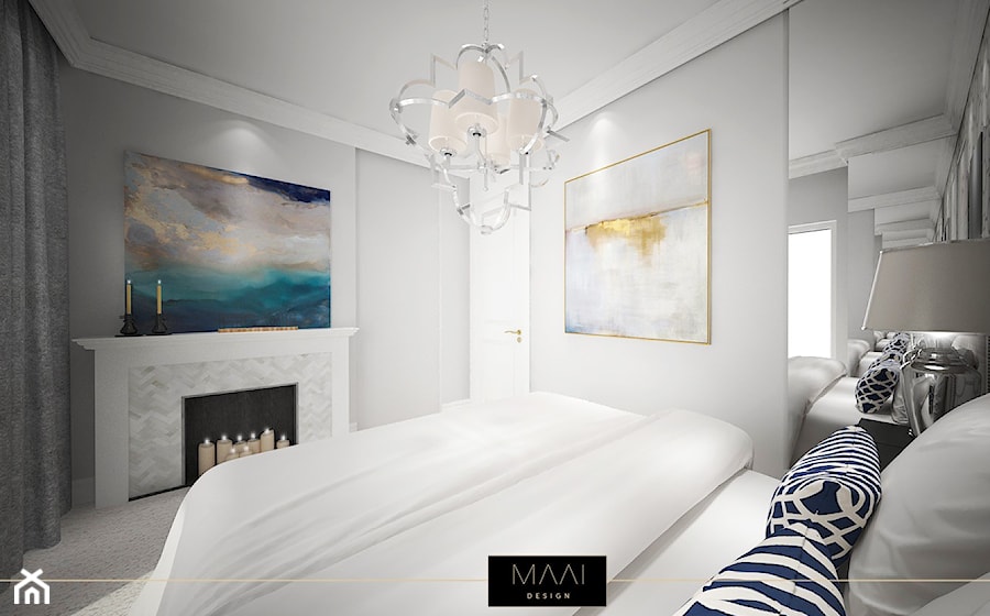 DWUPOZIOMOWE MIESZKANIE W STYLU HAMPTON – MOKOTÓW - Mała szara sypialnia, styl tradycyjny - zdjęcie od MAAI Design