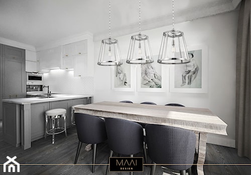 DWUPOZIOMOWE MIESZKANIE W STYLU HAMPTON – MOKOTÓW - Duża biała jadalnia w salonie, styl glamour - zdjęcie od MAAI Design
