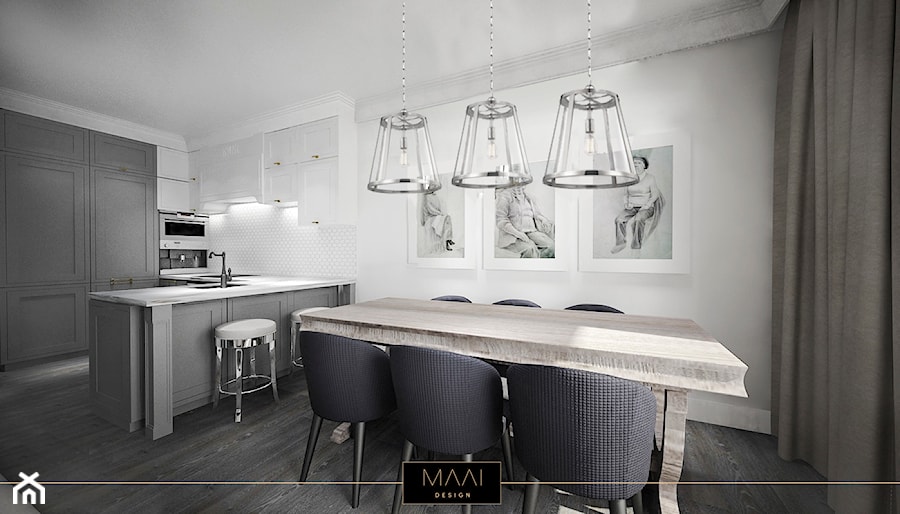 DWUPOZIOMOWE MIESZKANIE W STYLU HAMPTON – MOKOTÓW - Duża biała jadalnia w salonie, styl glamour - zdjęcie od MAAI Design
