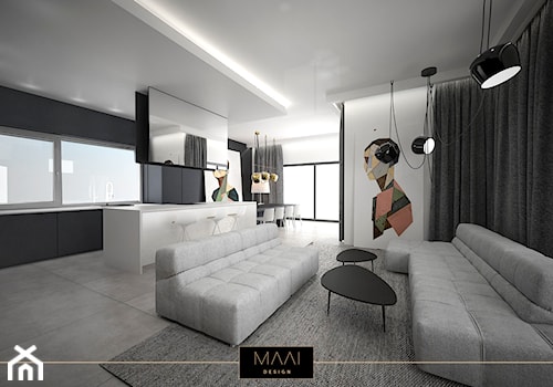DOM POD WARSZAWĄ 170M2 - Duży biały czarny salon z kuchnią z jadalnią z tarasem / balkonem, styl minimalistyczny - zdjęcie od MAAI Design