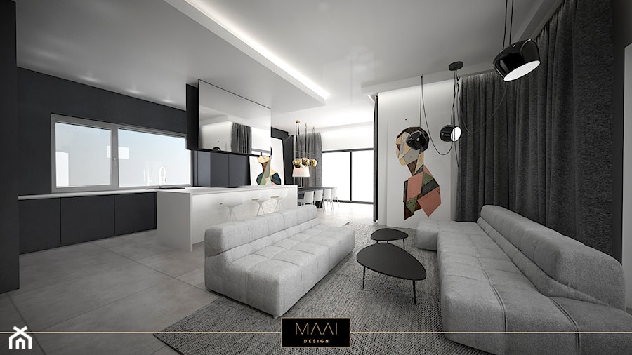 DOM POD WARSZAWĄ 170M2 - Duży biały czarny salon z kuchnią z jadalnią z tarasem / balkonem, styl minimalistyczny - zdjęcie od MAAI Design