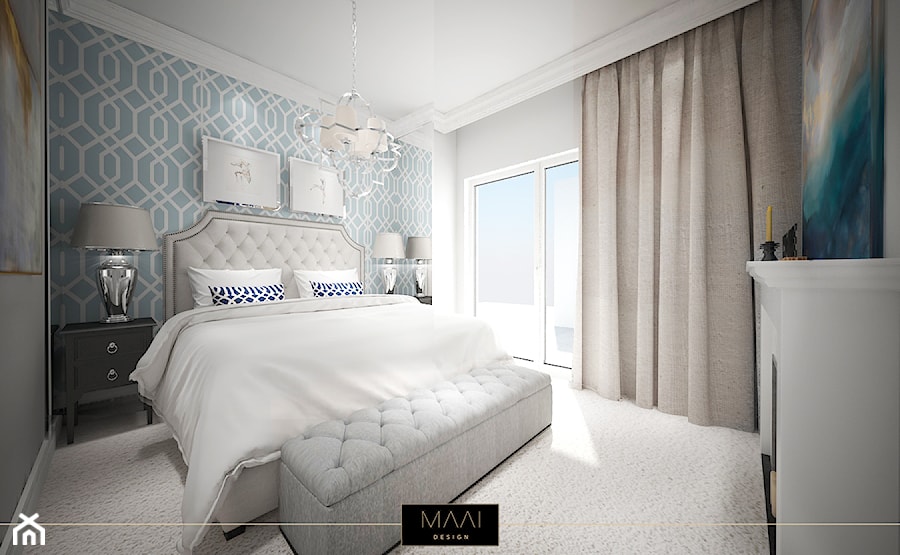 DWUPOZIOMOWE MIESZKANIE W STYLU HAMPTON – MOKOTÓW - Średnia niebieska szara sypialnia, styl tradycyjny - zdjęcie od MAAI Design