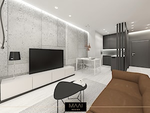 MIESZKANIE POD WYNAJEM KRÓTKOTERMINOWY – BIELSKO-BIAŁA - Mały szary salon z kuchnią z jadalnią, styl minimalistyczny - zdjęcie od MAAI Design