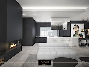 DOM POD WARSZAWĄ 170M2 - Mały czarny salon z kuchnią z jadalnią, styl minimalistyczny - zdjęcie od MAAI Design