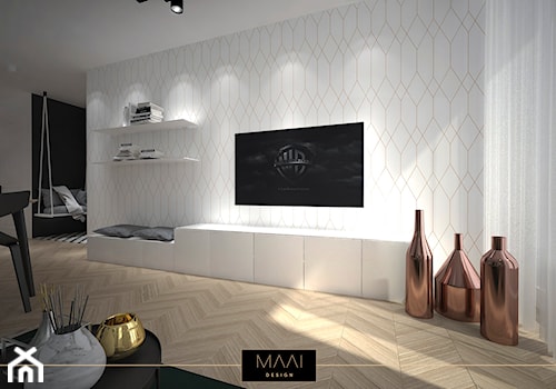 MIESZKANIE 60m2 NA WARSZAWSKIEJ WOLI - Średni biały szary salon z jadalnią, styl nowoczesny - zdjęcie od MAAI Design