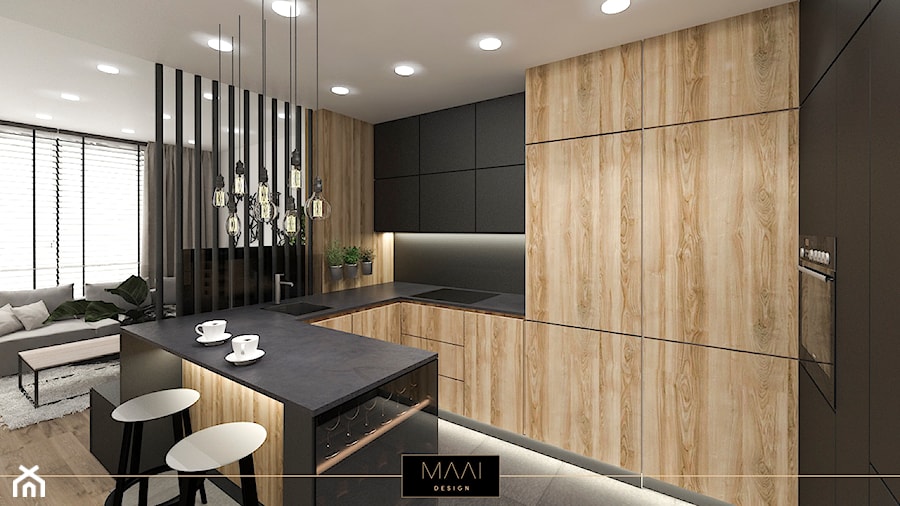 MIESZKANIE 60M – FORT BEMA - Duża otwarta z salonem z zabudowaną lodówką z podblatowym zlewozmywakiem kuchnia w kształcie litery g, styl nowoczesny - zdjęcie od MAAI Design