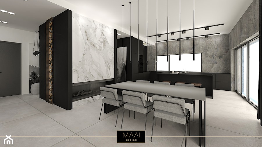 NOWOCZESNY DOM 200m2 – STARA WIEś - Duża biała czarna szara jadalnia w kuchni, styl nowoczesny - zdjęcie od MAAI Design