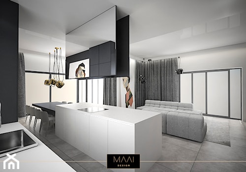 DOM POD WARSZAWĄ 170M2 - Średnia otwarta z salonem czarna z zabudowaną lodówką z nablatowym zlewozmywakiem kuchnia jednorzędowa, styl minimalistyczny - zdjęcie od MAAI Design