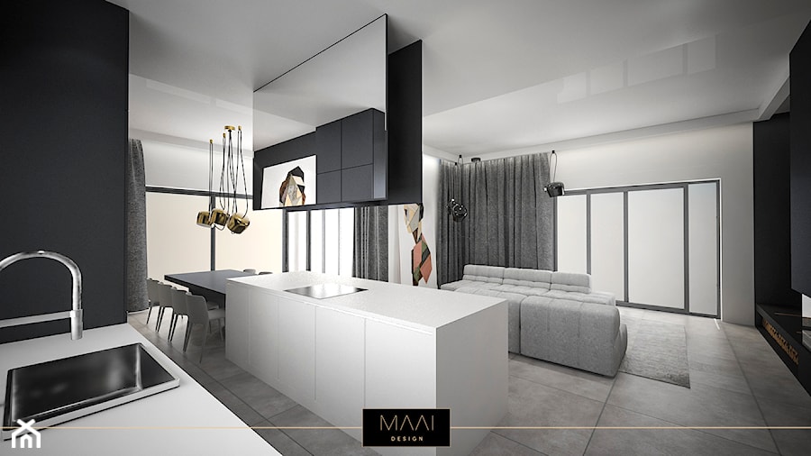 DOM POD WARSZAWĄ 170M2 - Średnia otwarta z salonem czarna z zabudowaną lodówką z nablatowym zlewozmywakiem kuchnia jednorzędowa, styl minimalistyczny - zdjęcie od MAAI Design