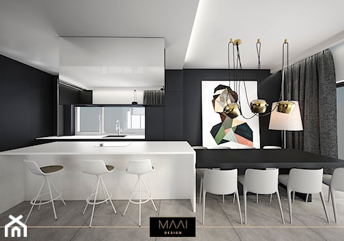 DOM POD WARSZAWĄ 170M2 - Duża czarna szara jadalnia w kuchni, styl minimalistyczny - zdjęcie od MAAI Design