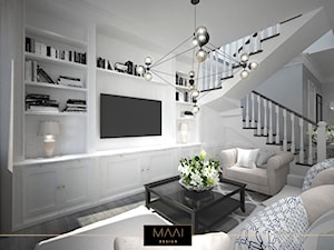 DWUPOZIOMOWE MIESZKANIE W STYLU HAMPTON – MOKOTÓW - Średni biały szary salon z bibiloteczką, styl glamour - zdjęcie od MAAI Design