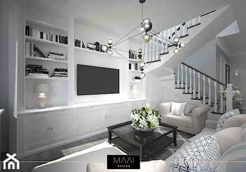 DWUPOZIOMOWE MIESZKANIE W STYLU HAMPTON – MOKOTÓW - Średni biały szary salon z bibiloteczką, styl glamour - zdjęcie od MAAI Design
