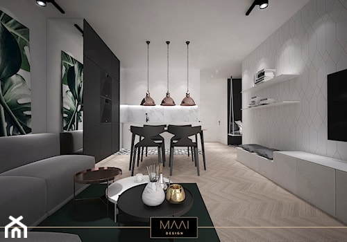 MIESZKANIE 60m2 NA WARSZAWSKIEJ WOLI - Duża szara jadalnia w salonie, styl nowoczesny - zdjęcie od MAAI Design