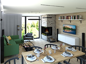 Pokój dzienny - Średni biały salon z jadalnią z bibiloteczką, styl nowoczesny - zdjęcie od P.S.-projekt