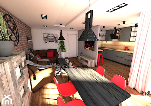 Męskie mieszkanie - Mały szary salon z kuchnią z jadalnią, styl industrialny - zdjęcie od P.S.-projekt