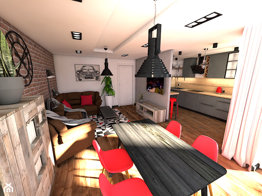 Męskie mieszkanie - Mały szary salon z kuchnią z jadalnią, styl industrialny - zdjęcie od P.S.-projekt