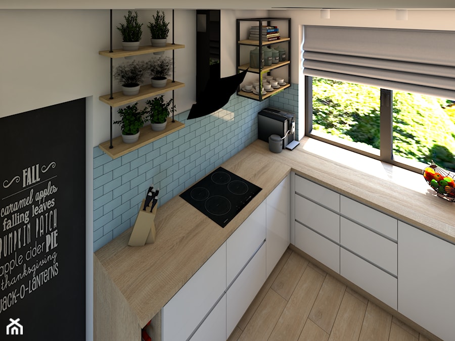 Kuchnia i salon - Średnia z salonem biała niebieska z zabudowaną lodówką kuchnia w kształcie litery l z oknem, styl nowoczesny - zdjęcie od P.S.-projekt